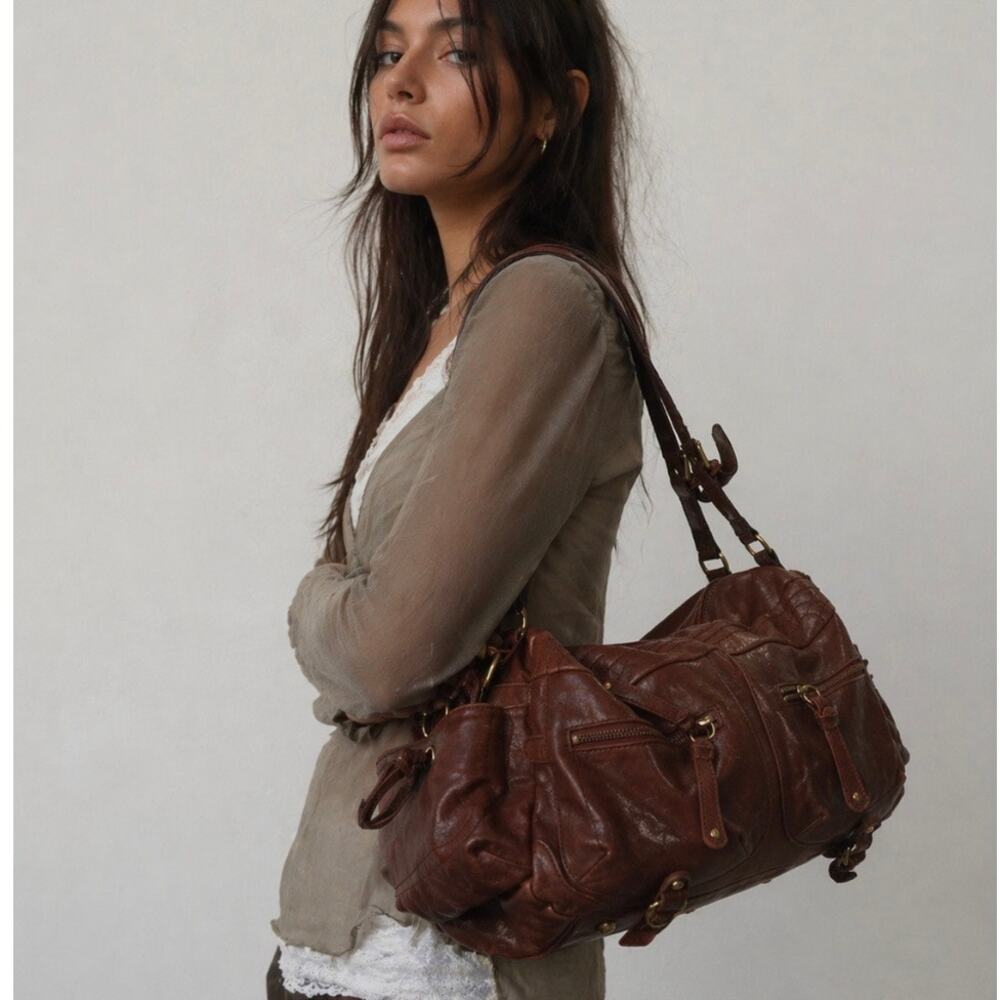 Sorial NY Brown Leather Slouchy Cargo Satchel Boho Y2K Emerson Style Bag